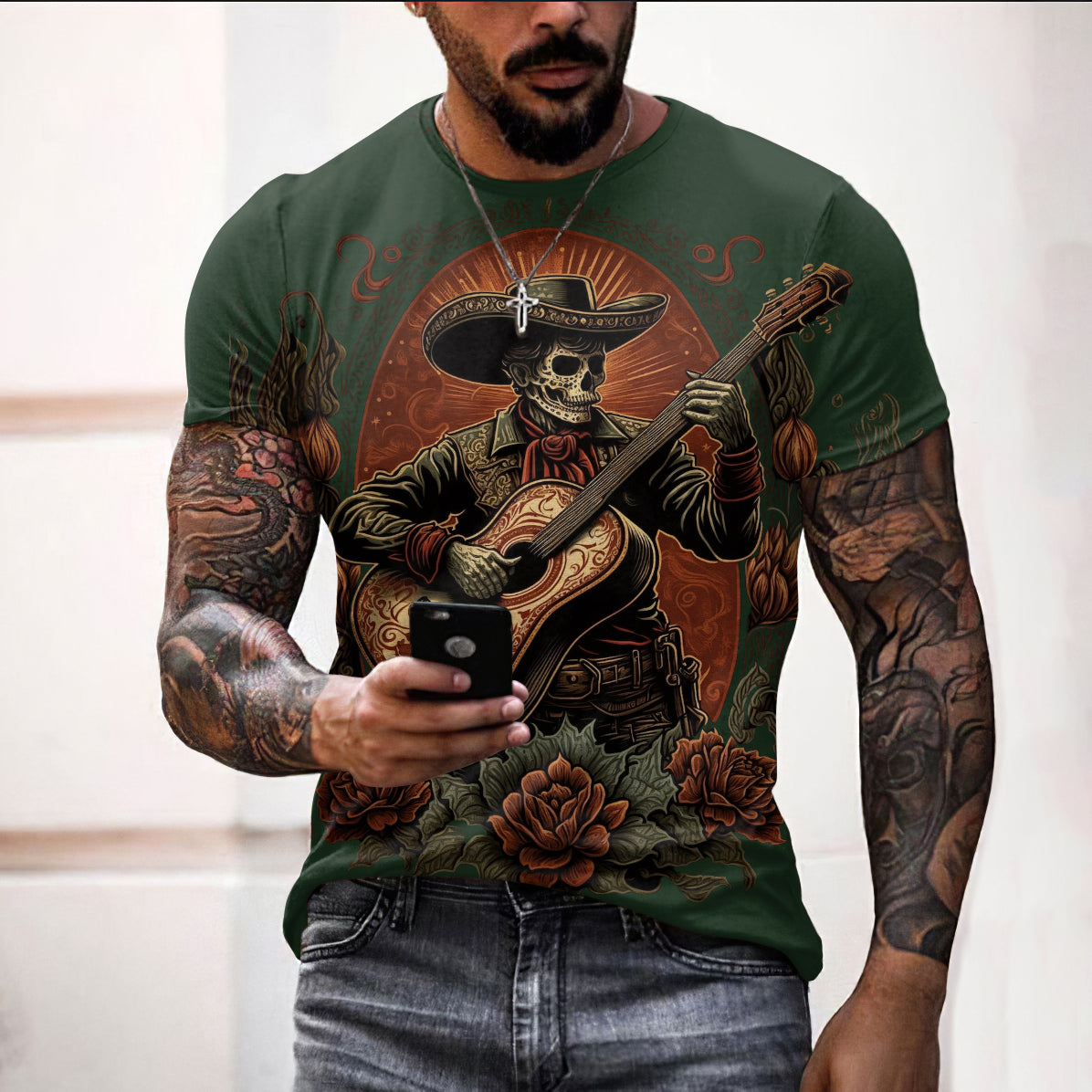Mariachi Day Of The Dead Guitar Player Art Pattern Print Cotton Graphic T-Shirt