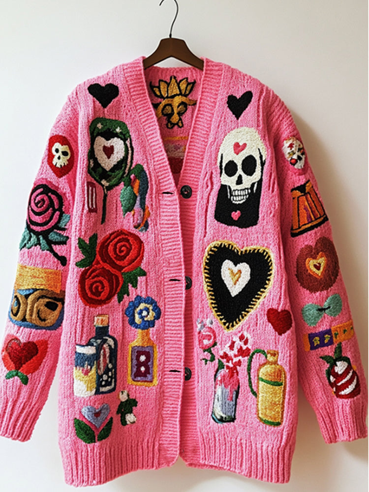 Retro Skull Heart Embroidery Knitted Jacquard Sweater Cardigan