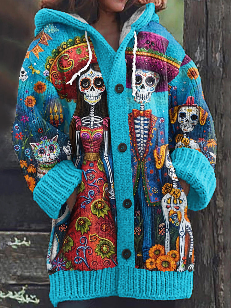 Vintage Mexican Day Of The Dead Skull Art Knitted Cardigan Sweater