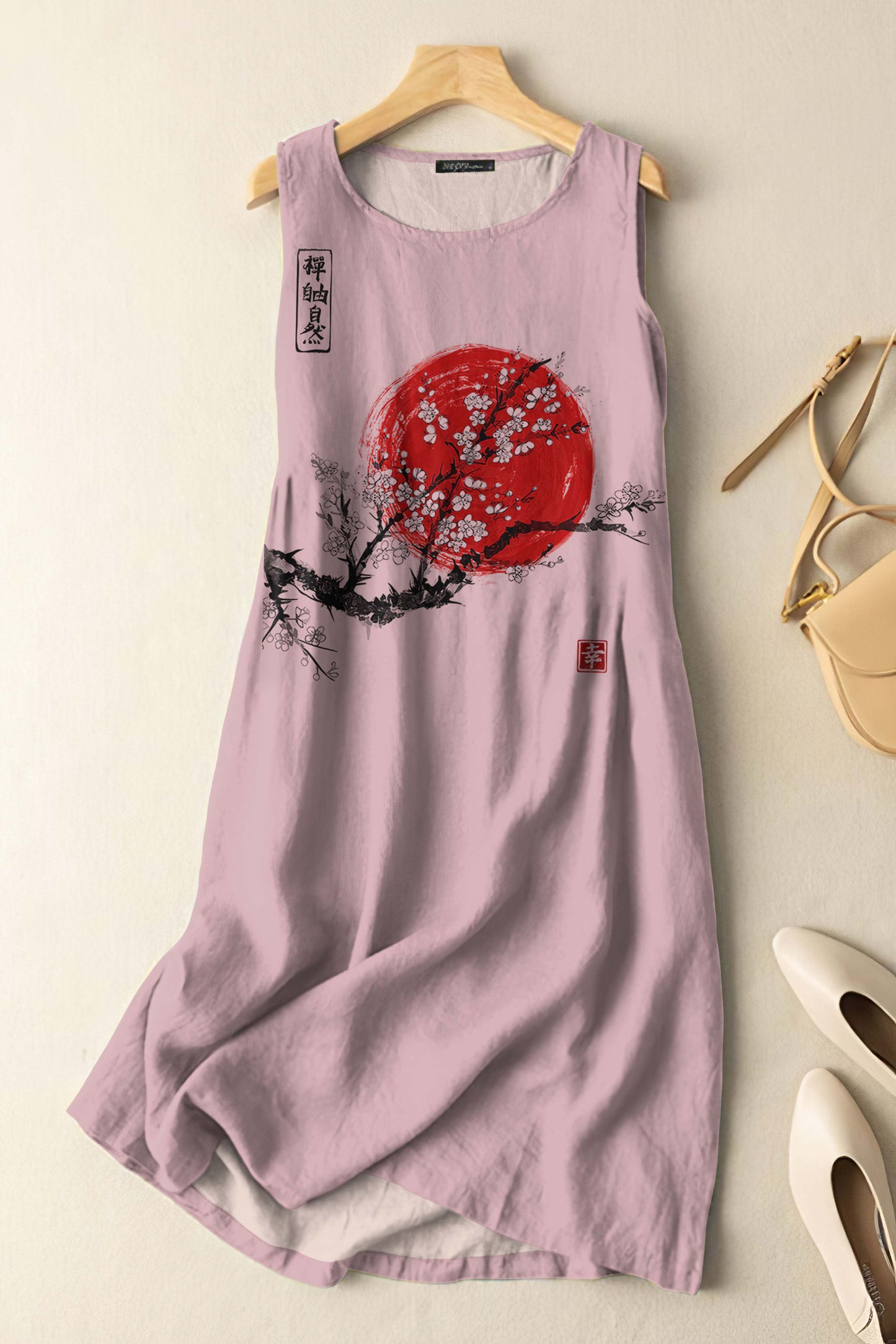 Vintage Japanese Ink Flower Sunrise Art Print Sleeveless Cotton And Linen Midi Dress