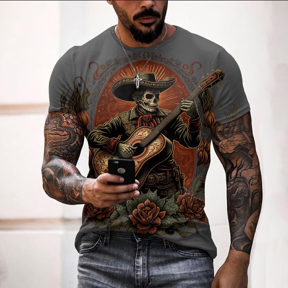 Mariachi Day Of The Dead Guitar Player Art Pattern Print Cotton Graphic T-Shirt