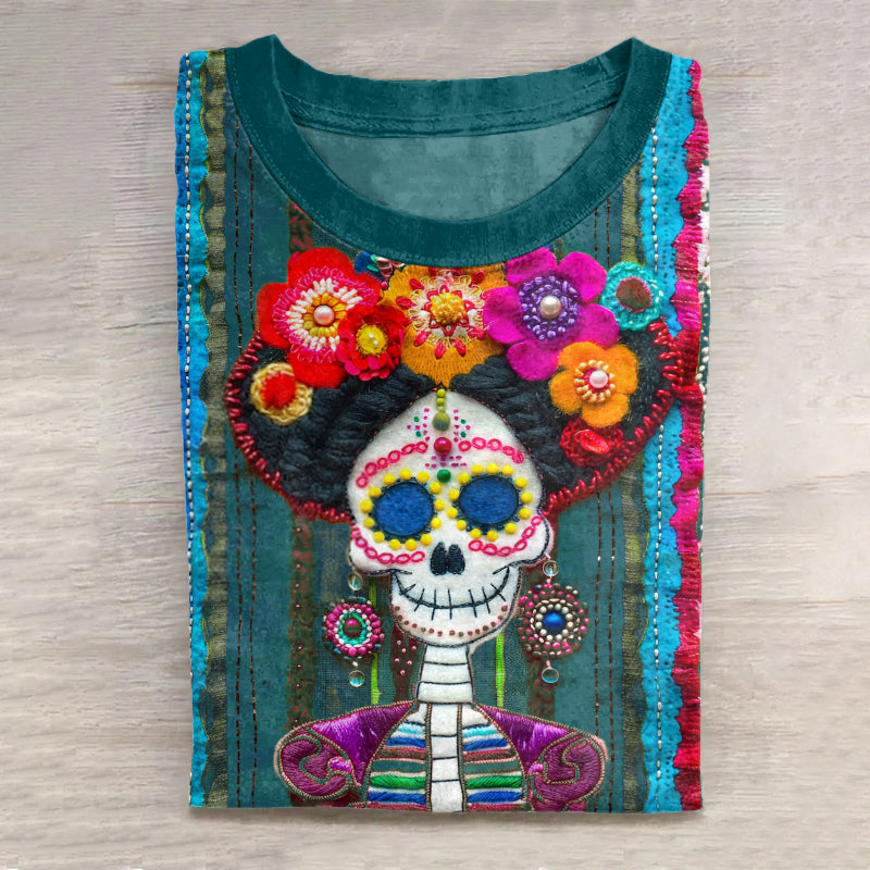 Mexican Sugar Skeleton Catrina Day Of The Dead Inspired Cotton Graphic T-Shirt