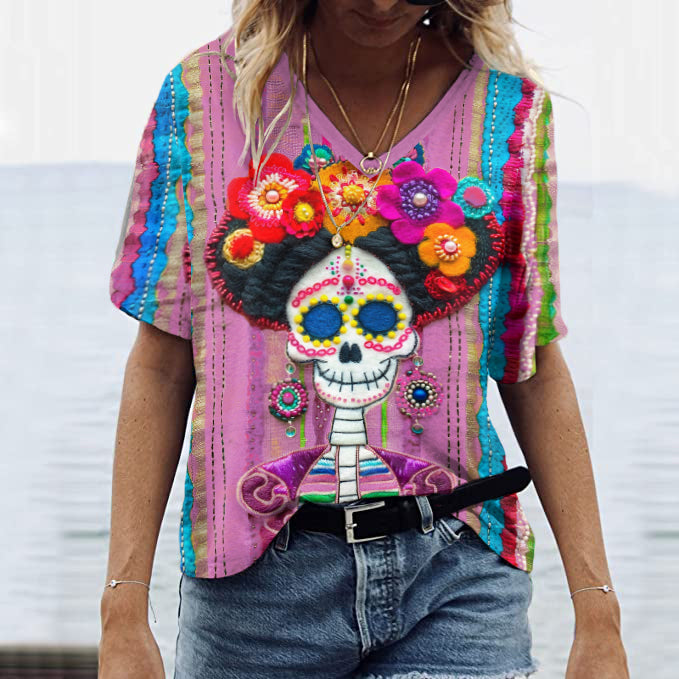 Classicmexican Sugar Skeleton Catrina Day Of The Dead Inspired Painting V-Neck T-Shirt