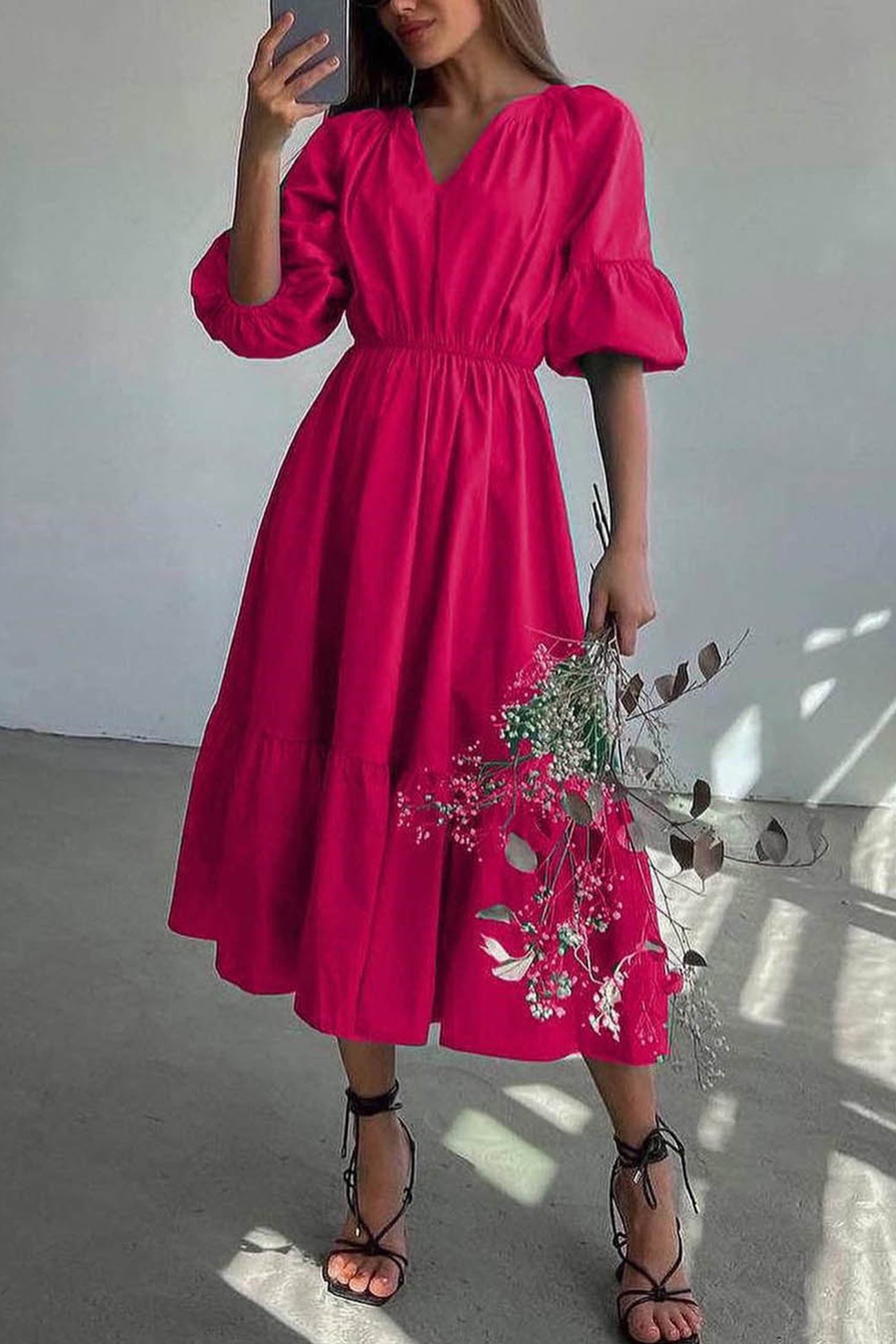 Half Sleeve V Neck High Waist Midi Dress