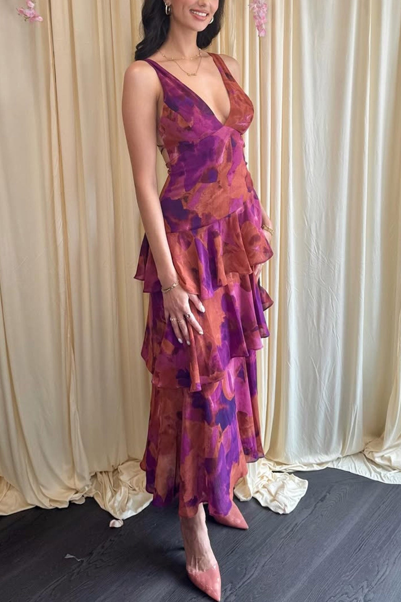Floral Print Tie-up Back Chiffon Tiered Dress