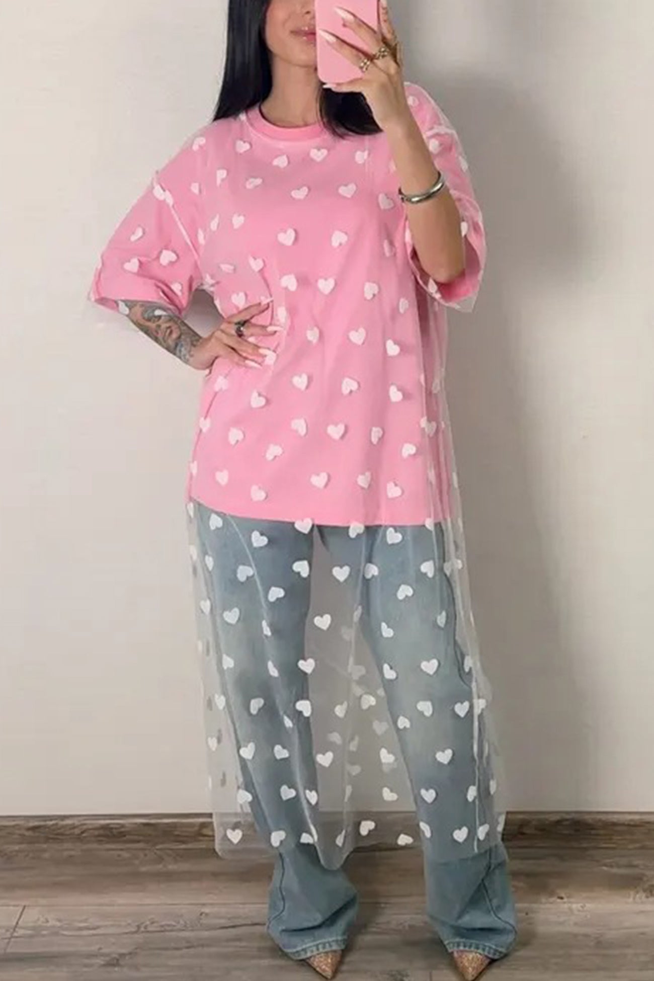 Heart Print Mesh Patchwork T-shirt Dress
