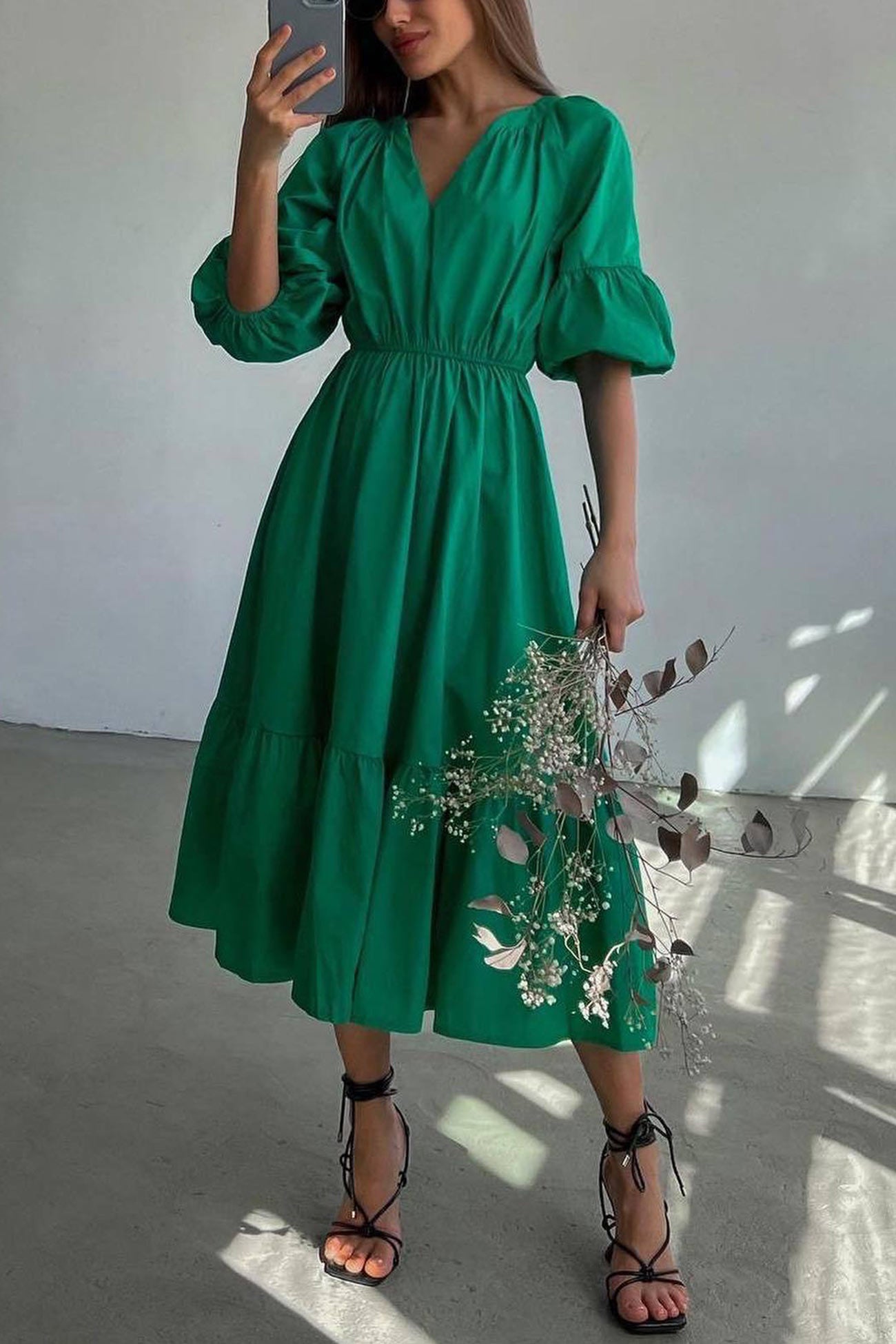 Half Sleeve V Neck High Waist Midi Dress
