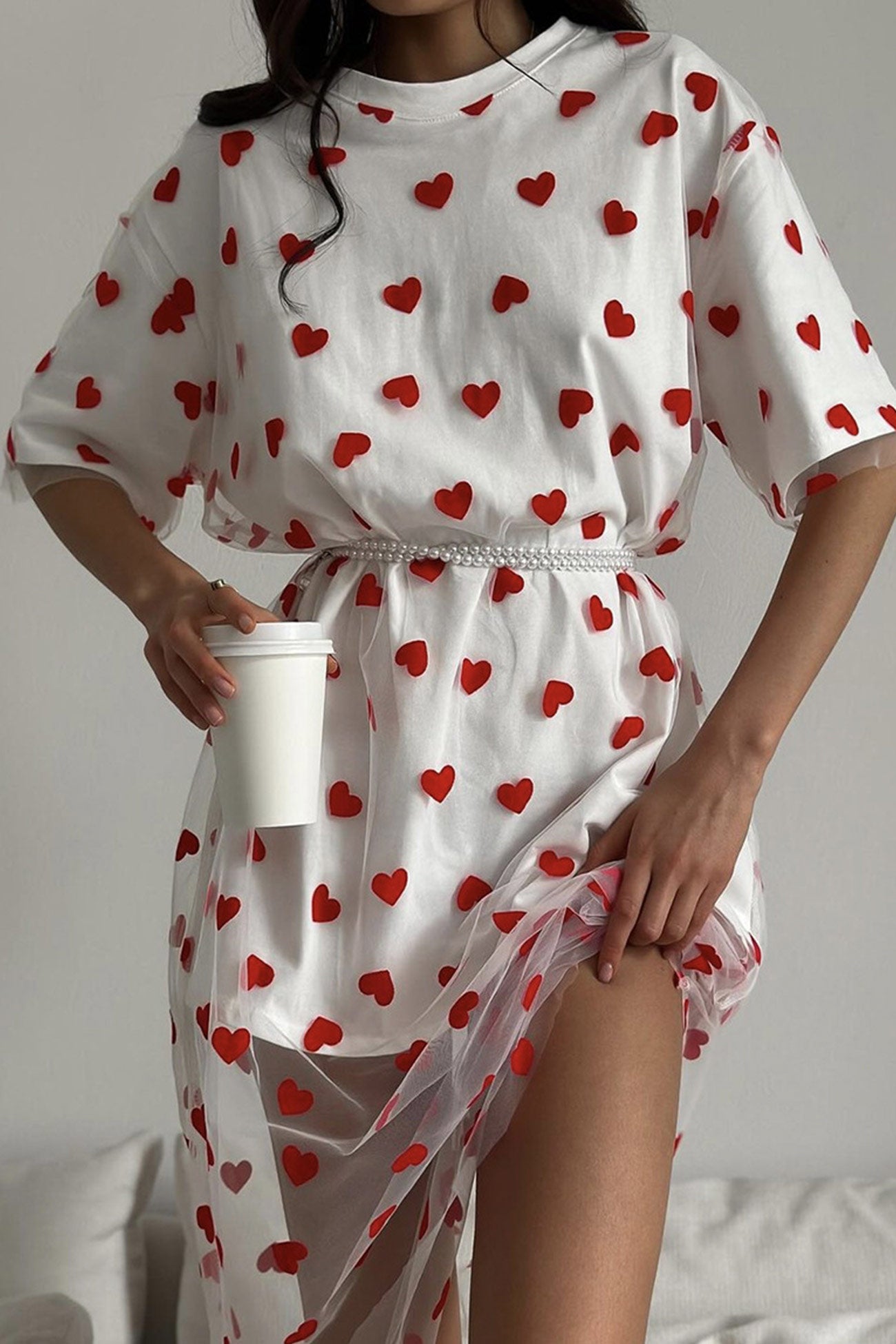 Heart Print Mesh Patchwork T-shirt Dress