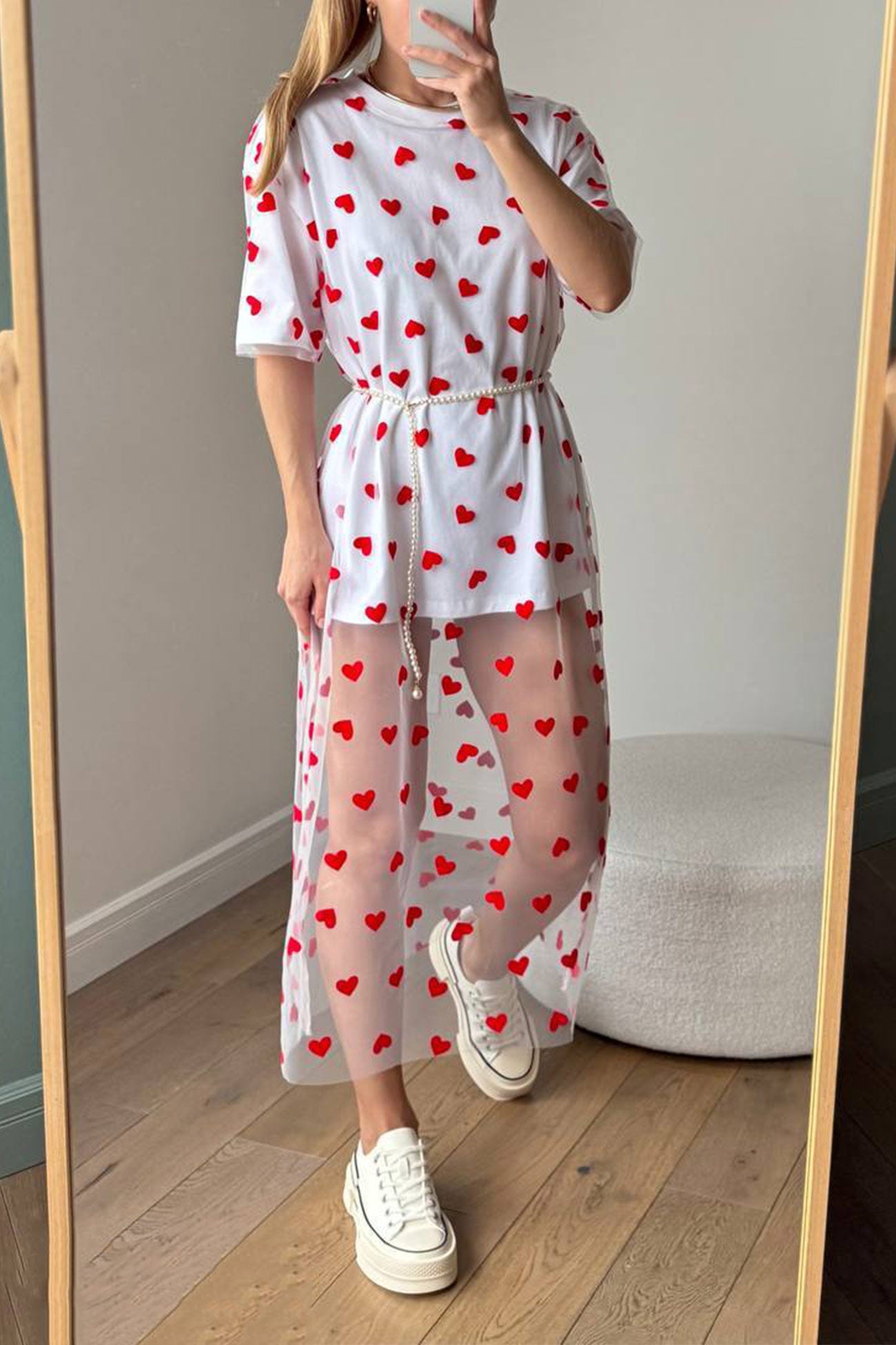 Heart Print Mesh Patchwork T-shirt Dress