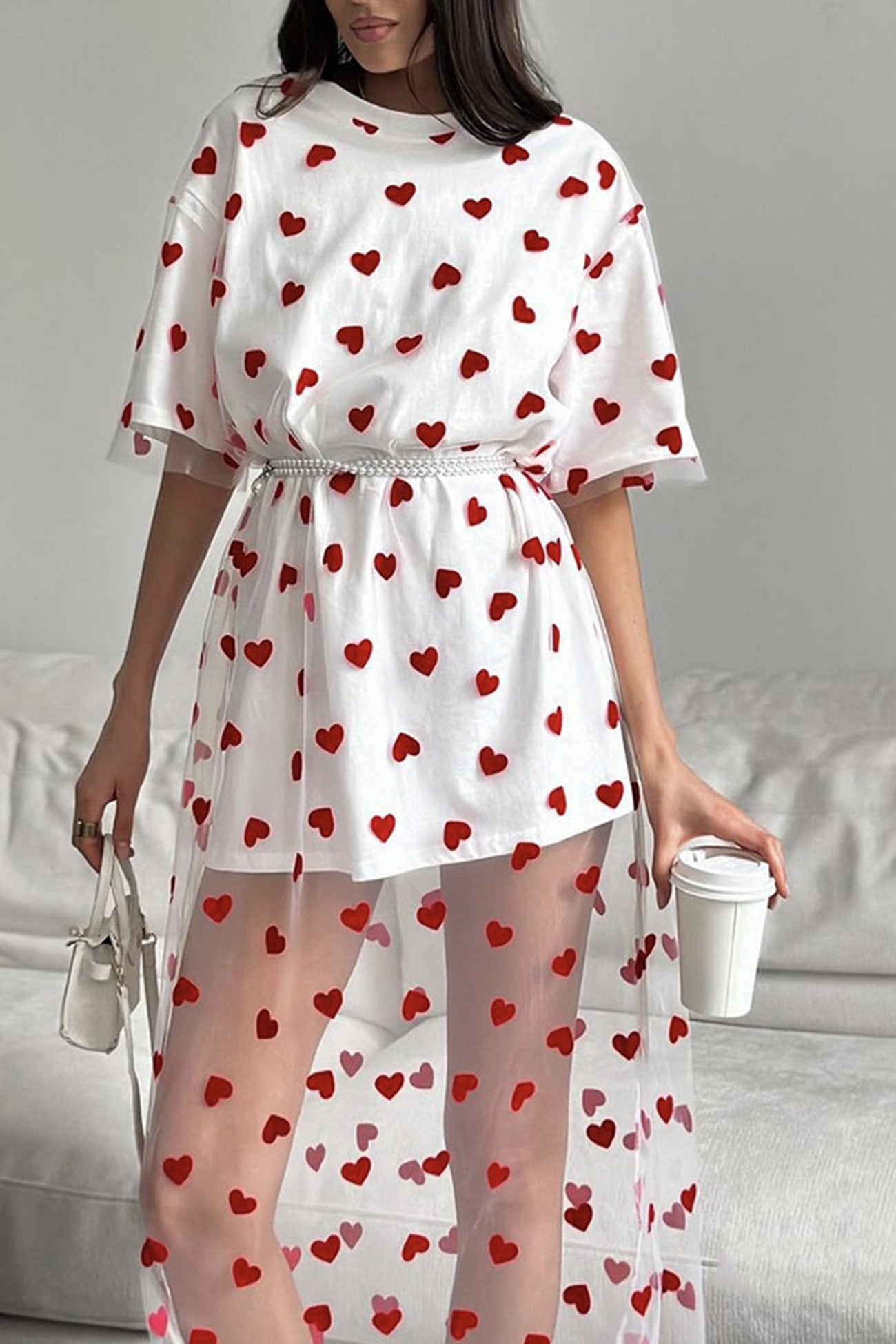Heart Print Mesh Patchwork T-shirt Dress