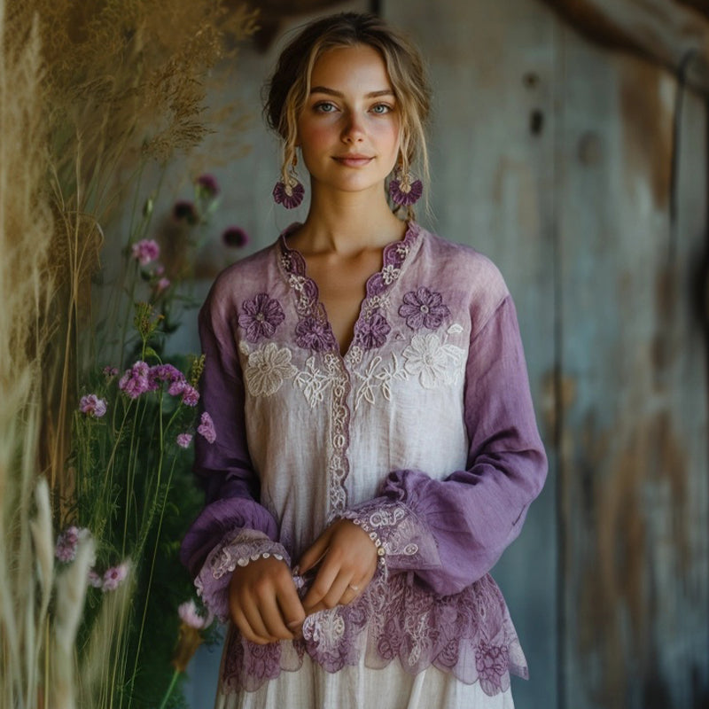 Flowers Embroidered Contrast Color Linen Blend Shirt