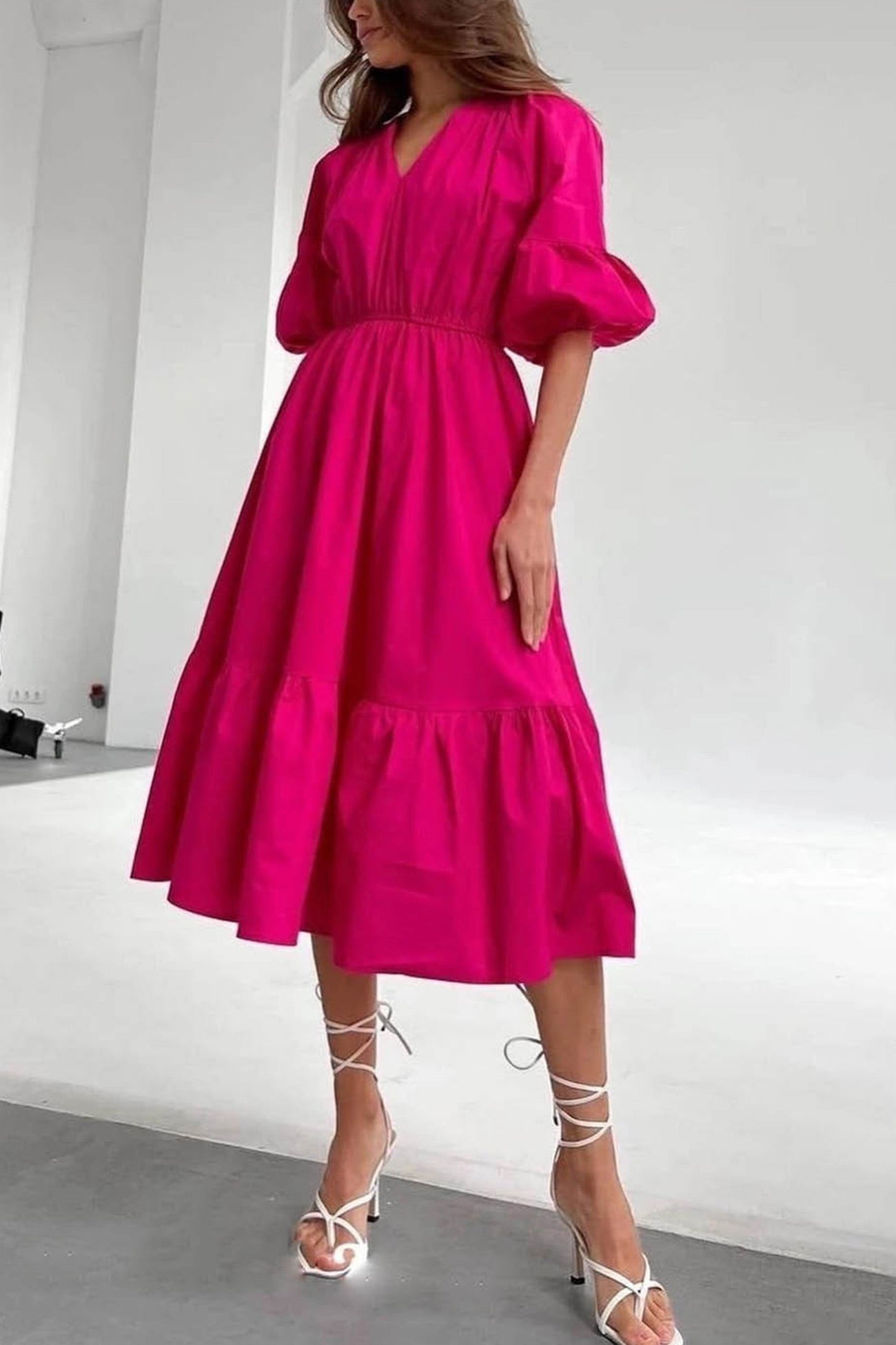 Half Sleeve V Neck High Waist Midi Dress
