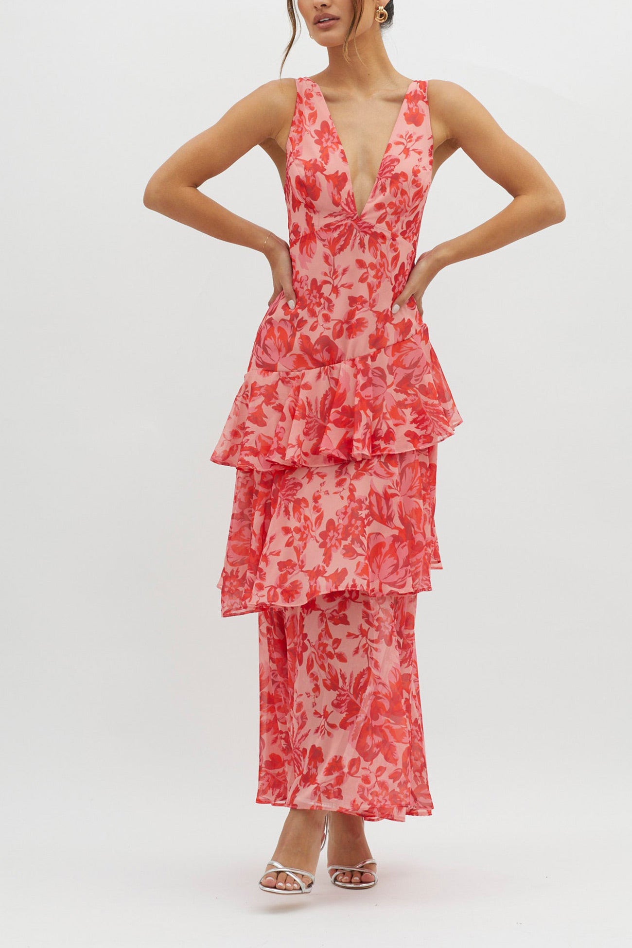 Floral Print Tie-up Back Chiffon Tiered Dress