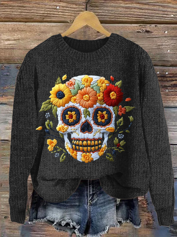 Mexican Day Of The Dead Skull & Flower Embroidered Sweater
