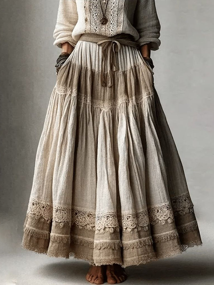 Vintage Lace Embroidered Art Linen Blend Skirt