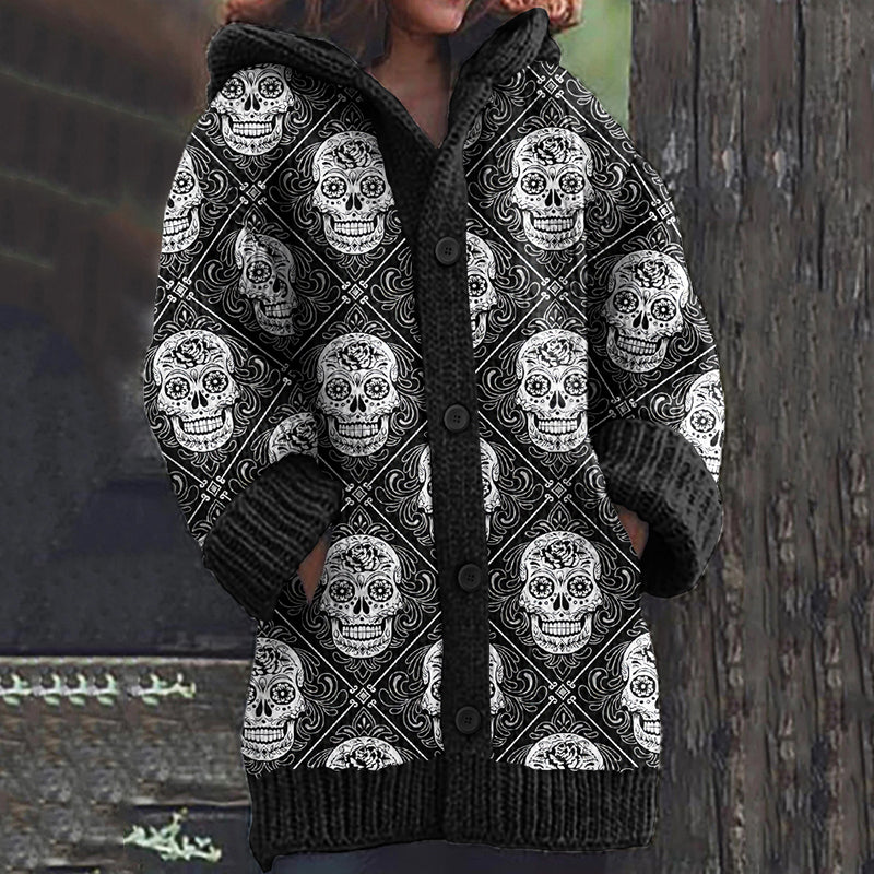 Mexican Skull Floral Art Knitted Warm Sweater Cardigan