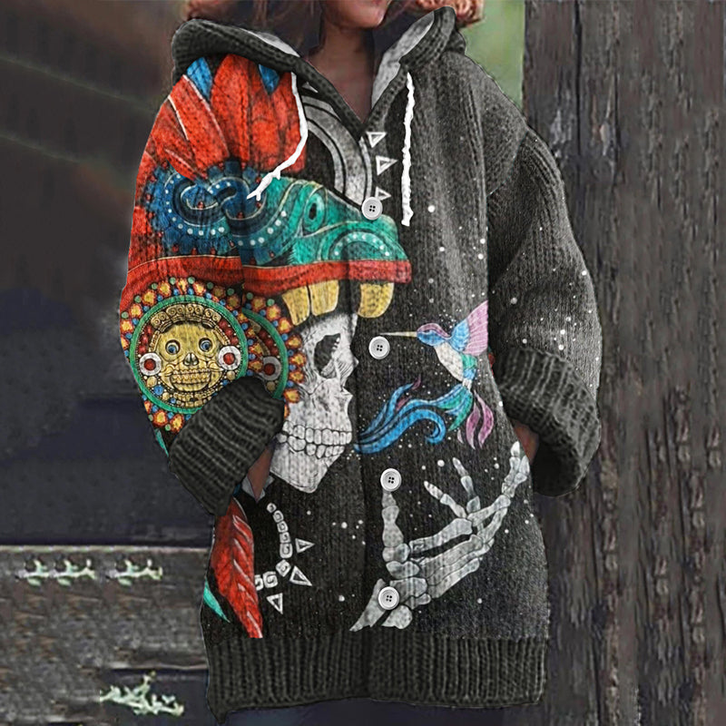 Vintage Day Of The Dead Skull Hummingbird Art Knit Cardigan Sweater