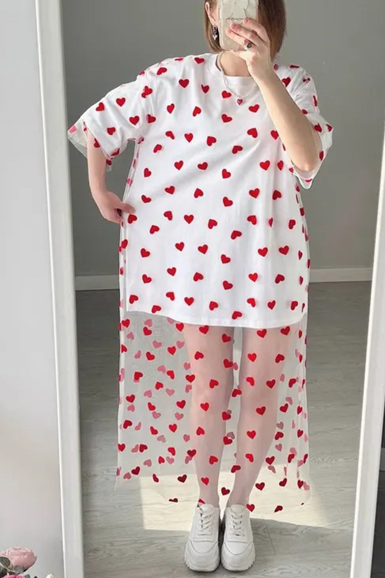 Heart Print Mesh Patchwork T-shirt Dress