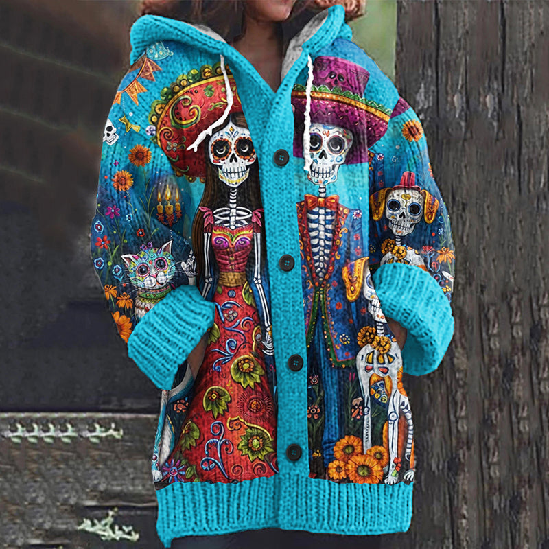 Vintage Mexican Day Of The Dead Skull Art Knitted Cardigan Sweater