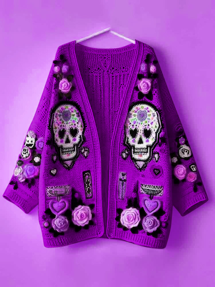 Women's Day Of The Dead Skull Rose Heart Pattern Sweater Cardigan