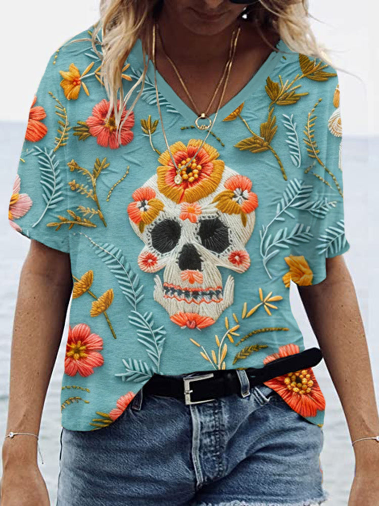 Mexican Cute Sugar Skull Day Of The Dead Inspired Art Painting V-Neck T-Shirt