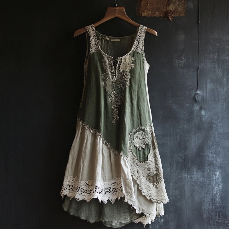 Vintage Lace Patchwork Comfy Linen Tank Dress