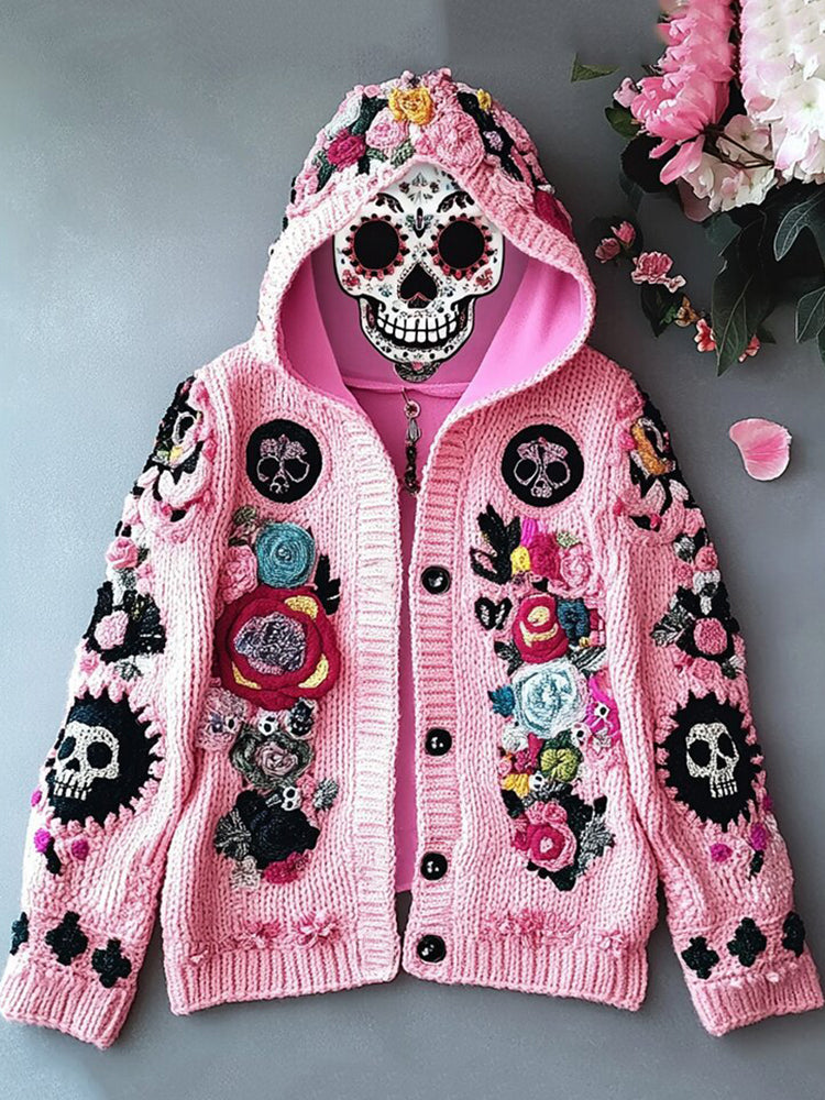 Retro Skull Heart Embroidery Knitted Jacquard Hooded Cardigan Sweater