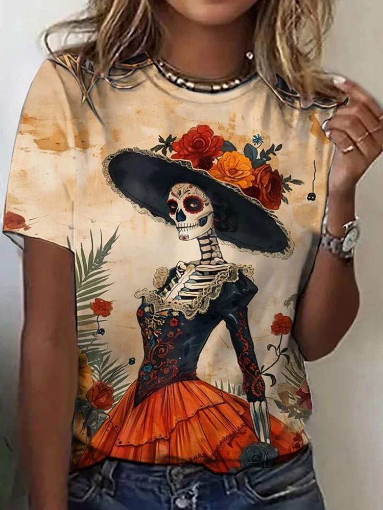 Retro Day Of The Dead Mexican La Catrina Art Pattern Print Cotton Graphic T-Shirt