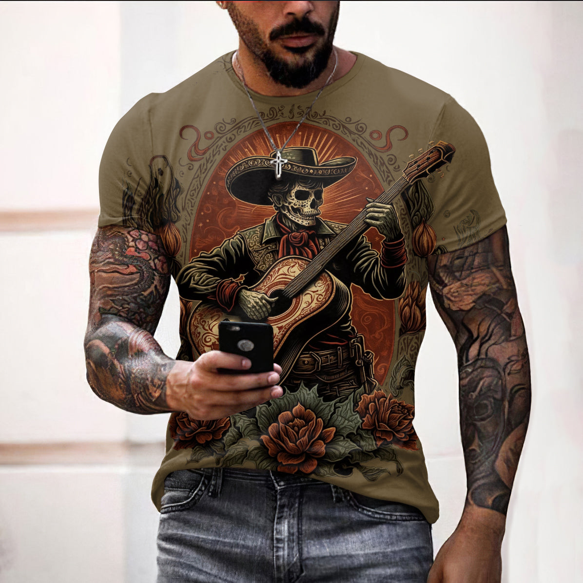 Mariachi Day Of The Dead Guitar Player Art Pattern Print Cotton Graphic T-Shirt