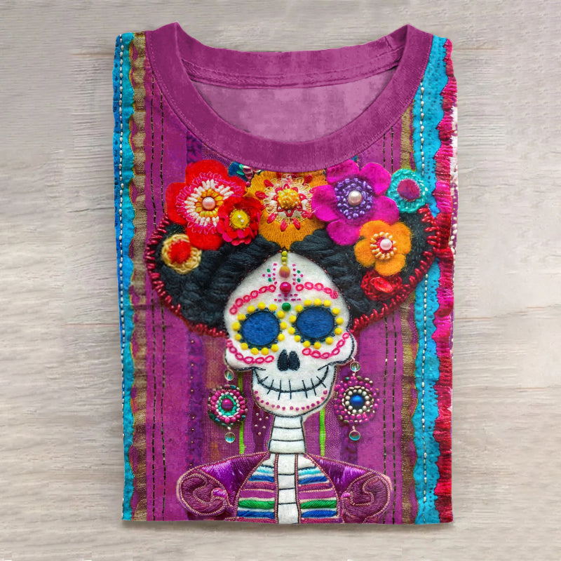 Mexican Sugar Skeleton Catrina Day Of The Dead Inspired Cotton Graphic T-Shirt