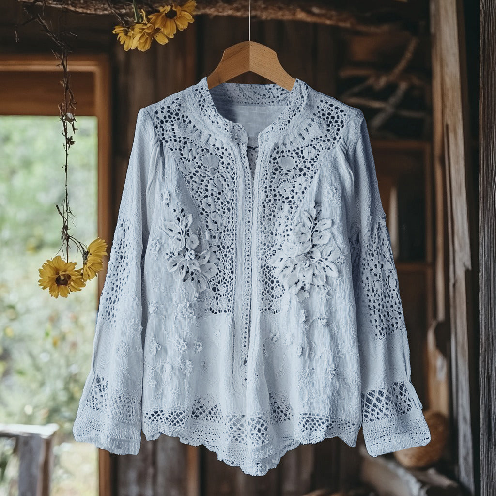 Women's Retro Floral Lace Embroidery Art V-neck Shirt