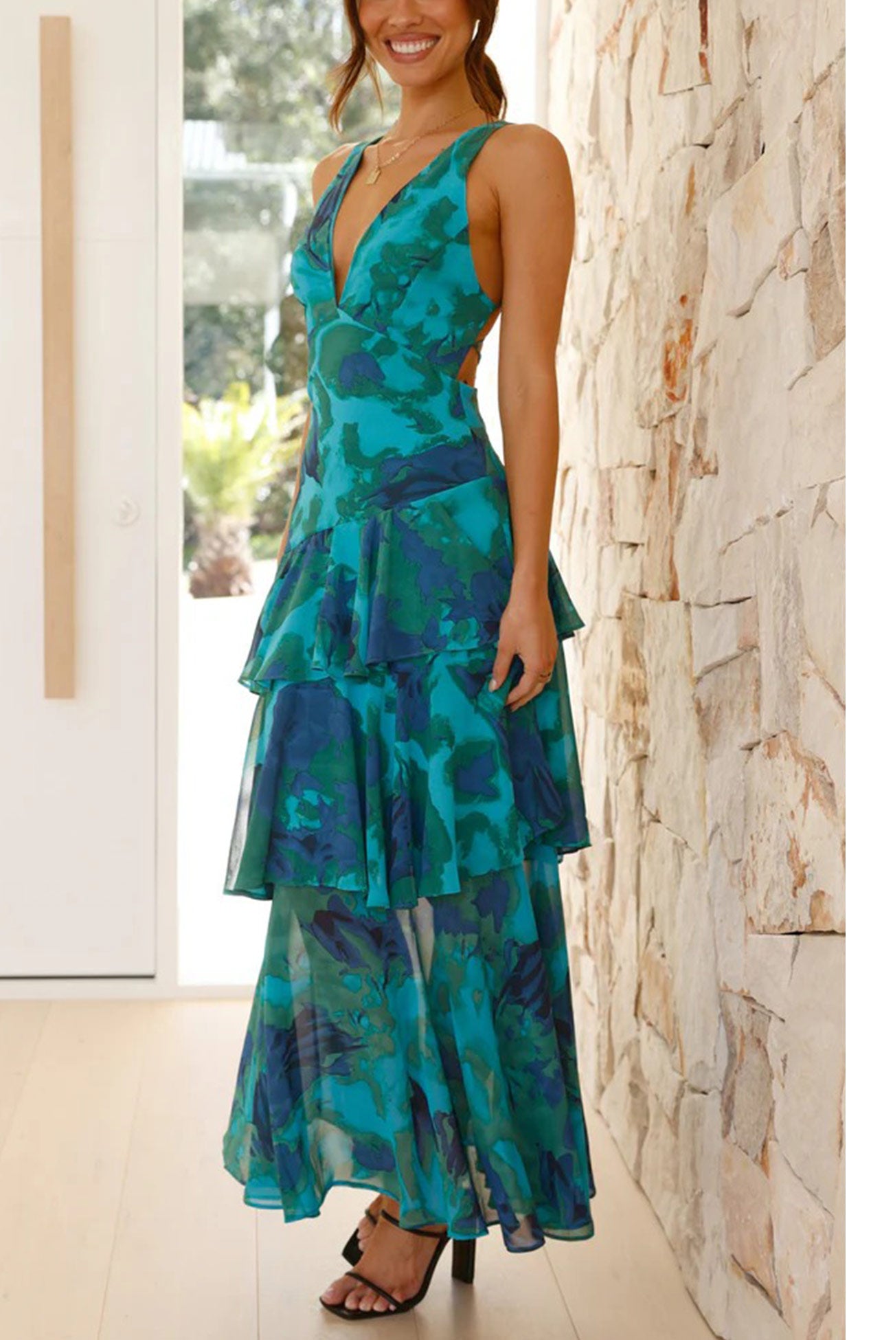 Floral Print Tie-up Back Chiffon Tiered Dress