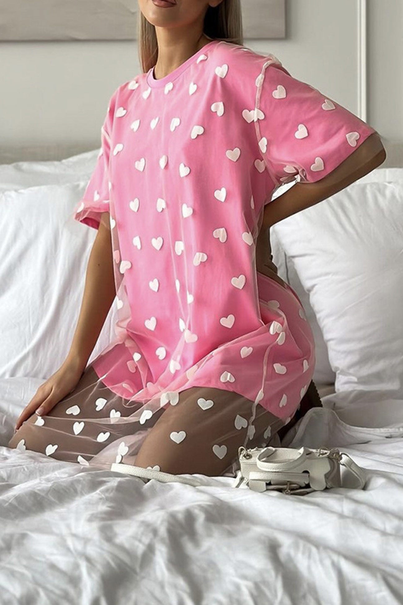 Heart Print Mesh Patchwork T-shirt Dress