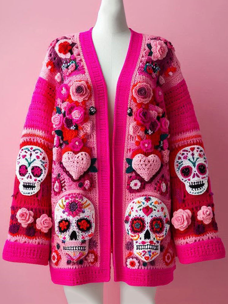 Women's Day Of The Dead Skull Rose and Heart Pattern Sweater Cardigan