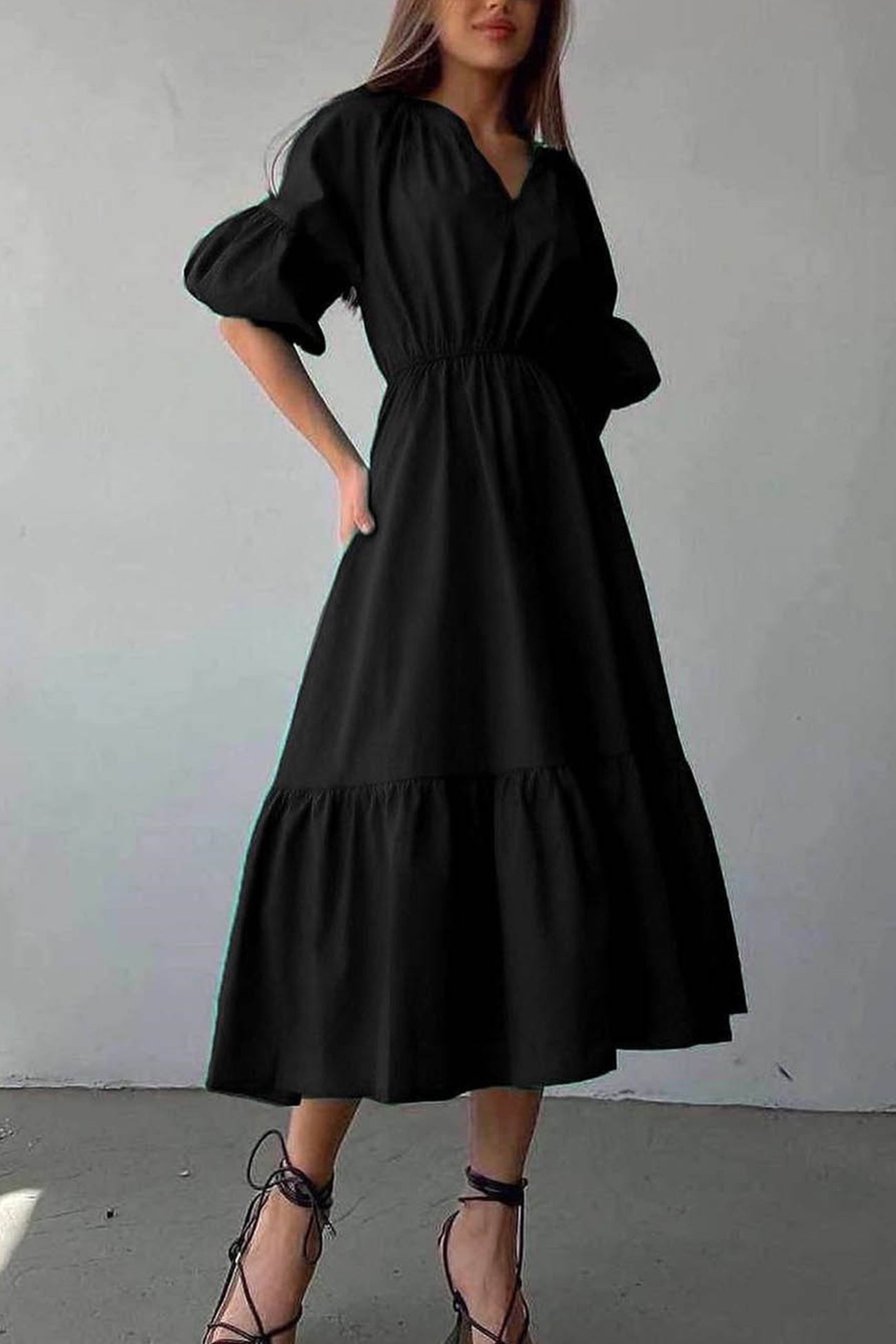 Half Sleeve V Neck High Waist Midi Dress