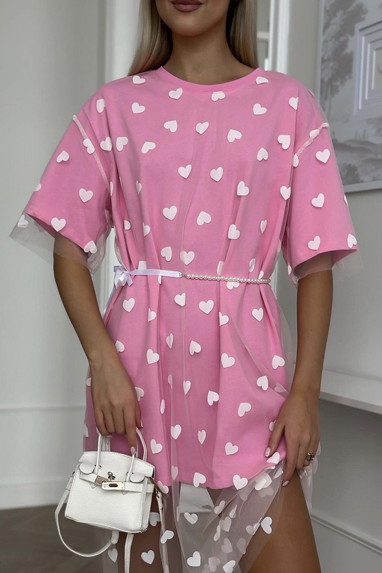 Heart Print Mesh Patchwork T-shirt Dress