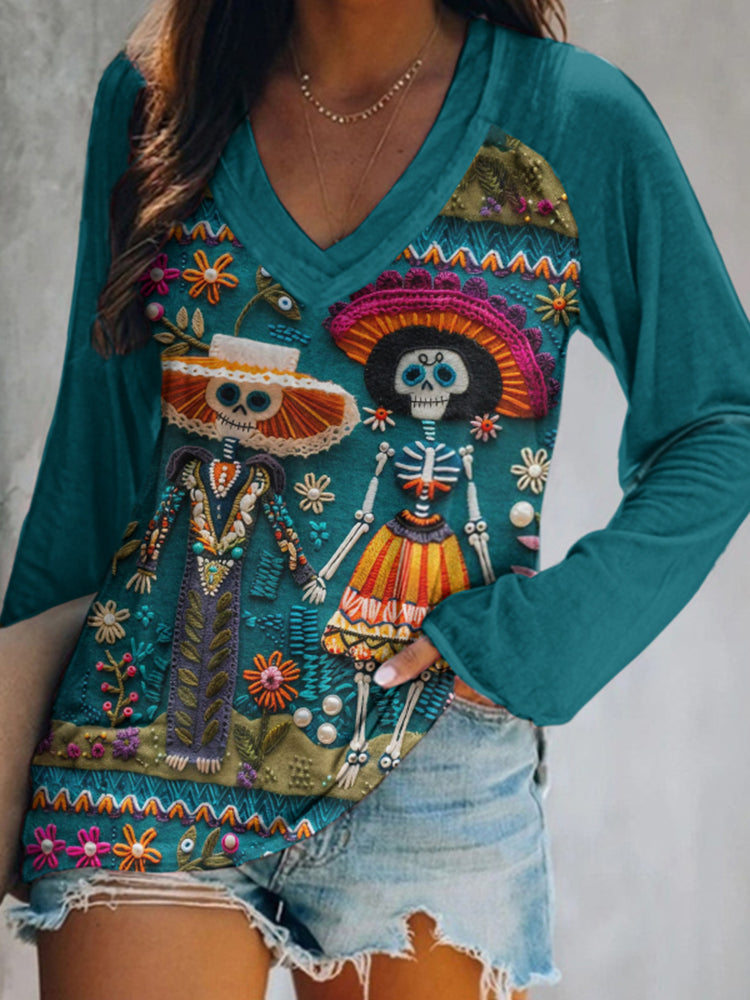 Women's Mexican Sugar Skeleton Couple Catrina Day Of The Dead Inspired Art Print Casual Long Sleeve T-Shirt