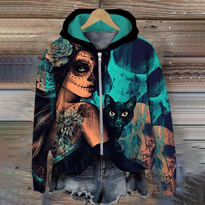 Mexican Day Of The Dead Catrina Huasteca And Black Cat Art Casual Zip-Up Hoodie
