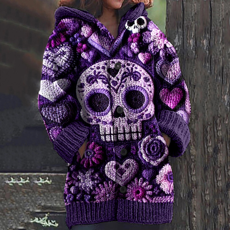 Mexican Day Of The Dead Skull Jacquard Knit Warm Sweater Cardigan
