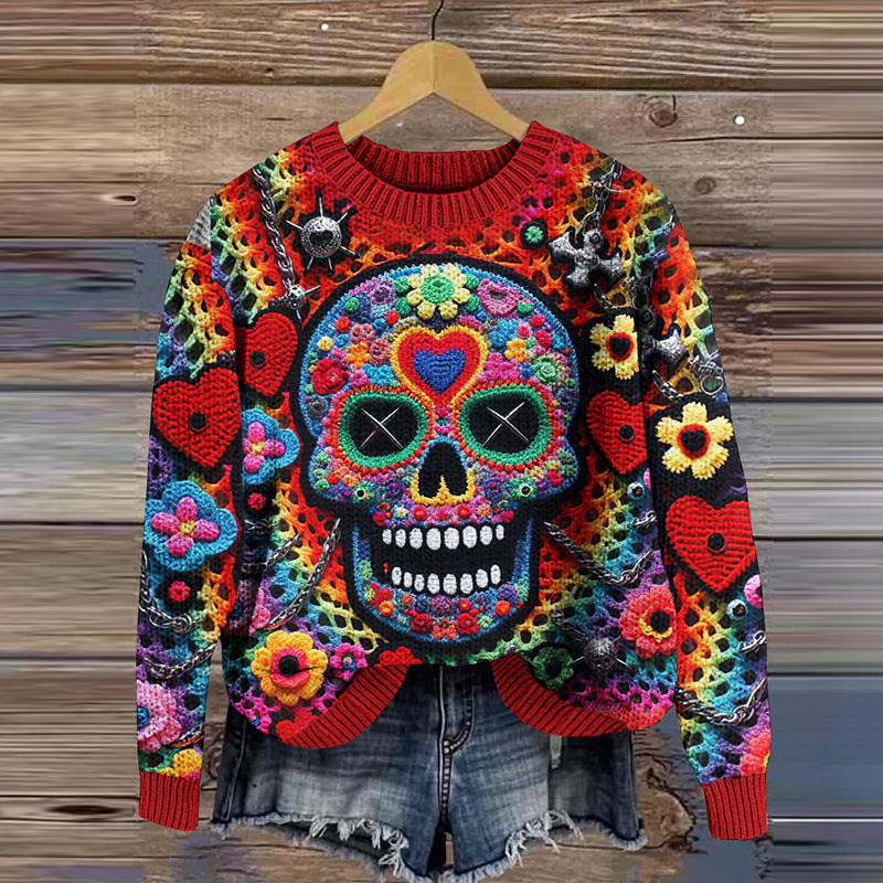 Mexican Day Of The Dead Heart Skull Jacquard Knit Sweater