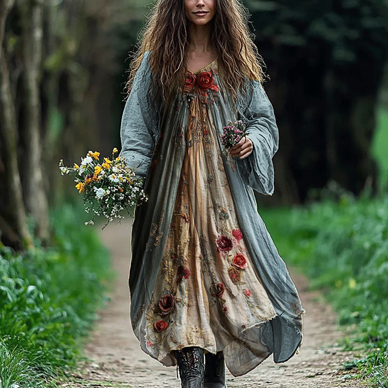 Vintage Roses Floral Flowy Linen Blend Maxi Dress