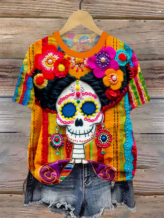Mexican Sugar Skeleton Catrina Day Of The Dead Inspired Cotton Graphic T-Shirt
