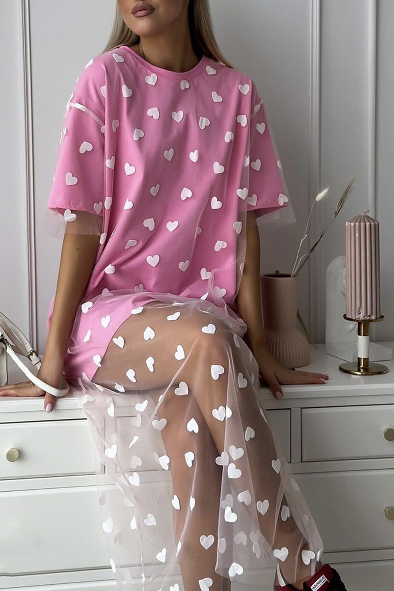 Heart Print Mesh Patchwork T-shirt Dress