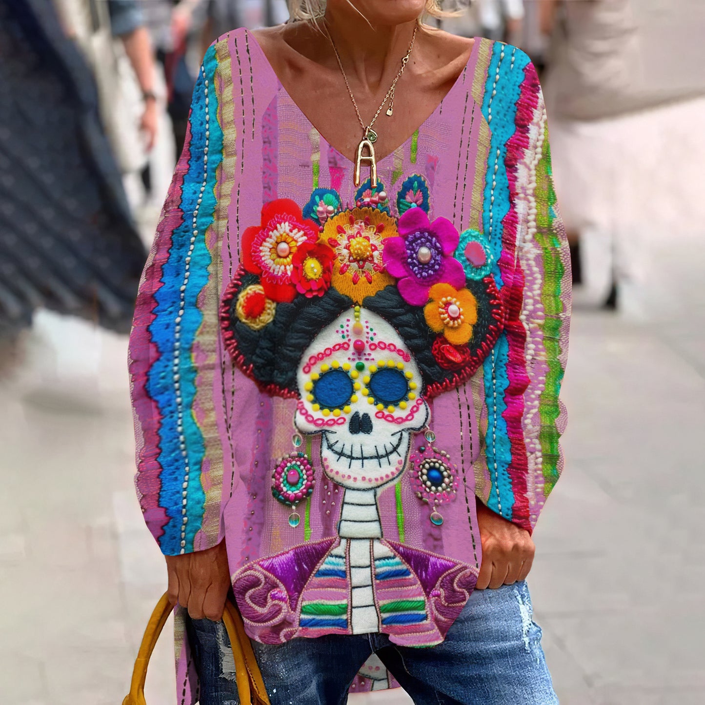 Classy Mexican Sugar Skeleton Catrina Day Of The Dead Inspired Pattern Art Printed V-Neck T-Shirt