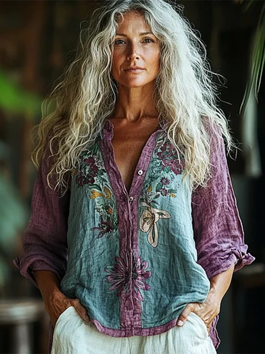 Bohemian Style Linen Floral Art Print Long Sleeve Shirt