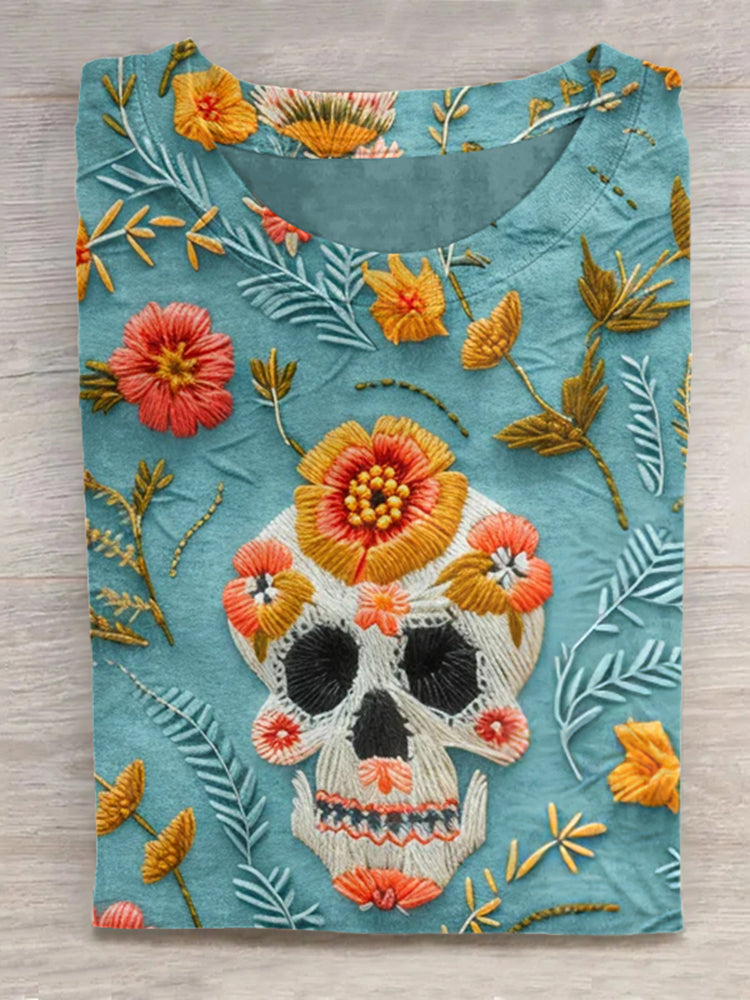 Mexican Cute Sugar Skull Day Of The Dead Inspired Cotton Graphic T-Shirt