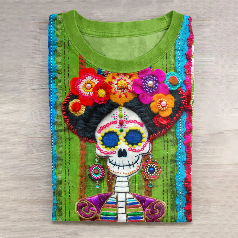 Mexican Sugar Skeleton Catrina Day Of The Dead Inspired Cotton Graphic T-Shirt