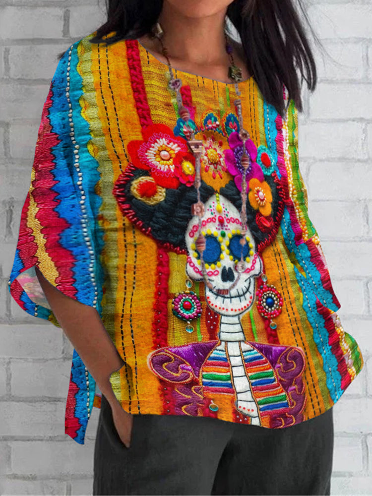 Vintage Mexican Sugar Skeleton Catrina Day Of The Dead Inspired Linen Blend Cozy Tunic