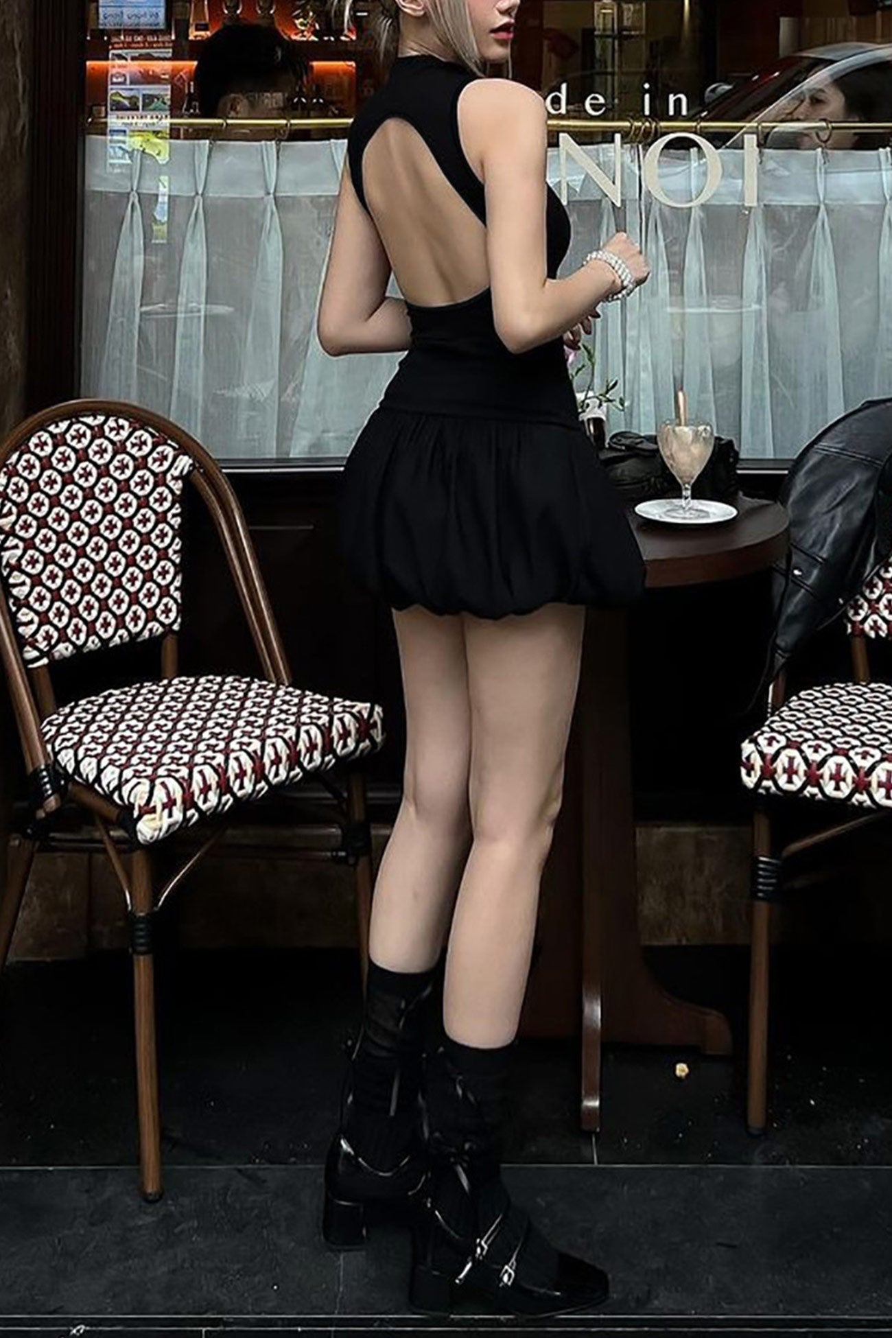 Mock Neck Cowl Back Knit Patchwork Ballon Dress