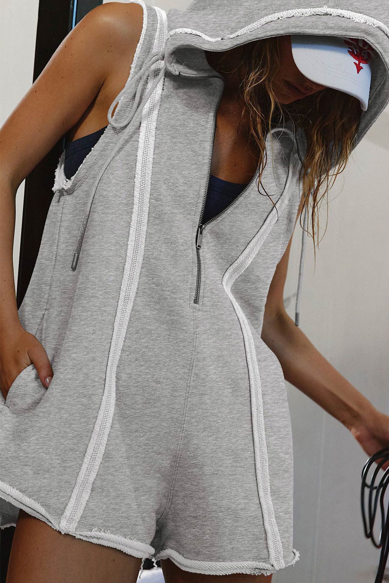 Solid Color Zip-up Hooded Rompers